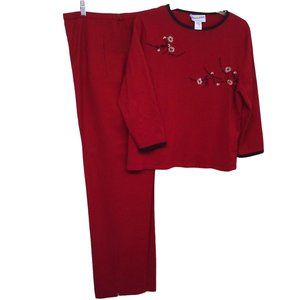 Vintage 90s Pendleton 2-pc Set Separates -L Knit Silk Top Wool Pant Berry Daisy